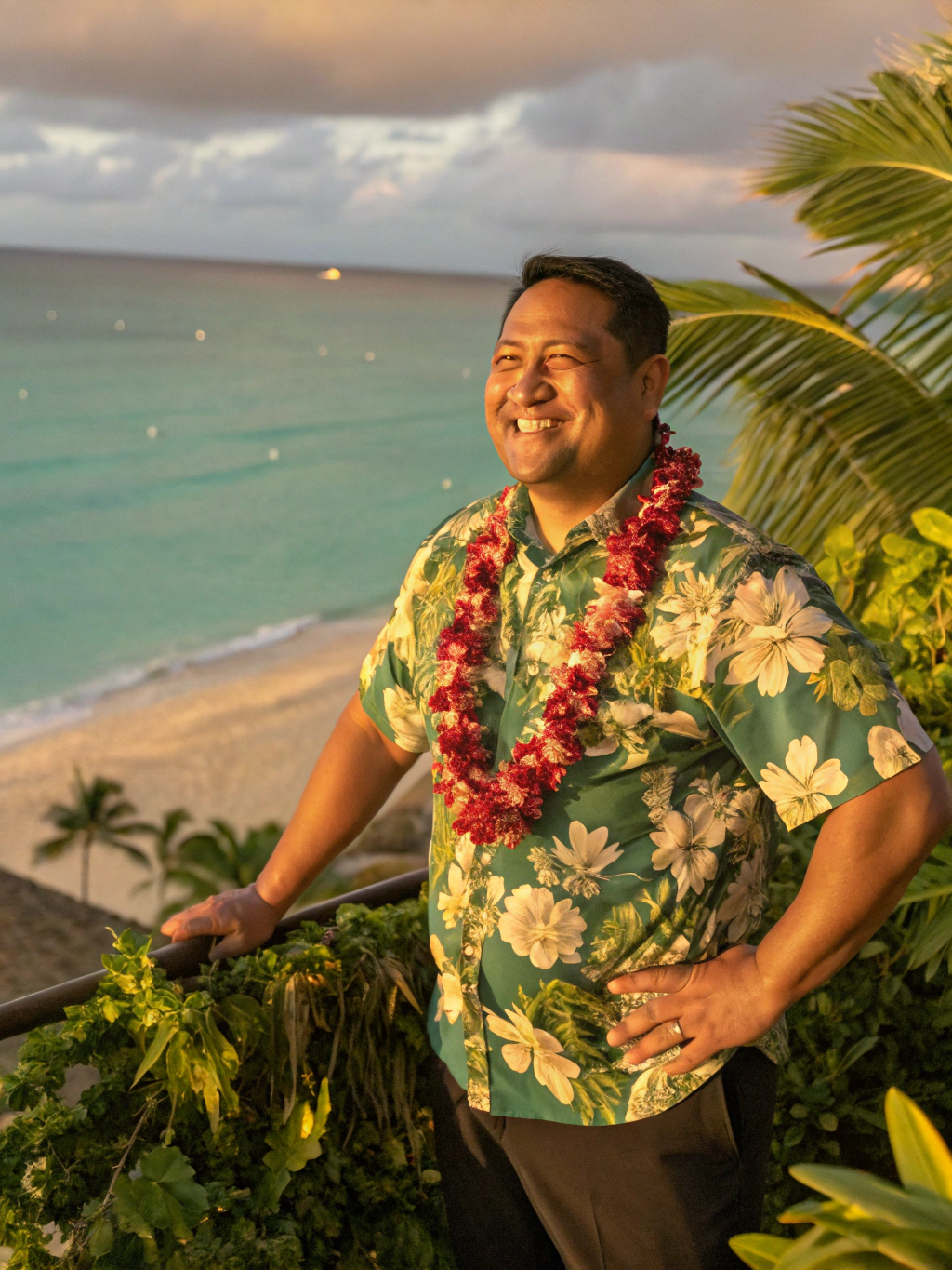 Friendly local tour guide welcoming small group guests in sunny Oahu